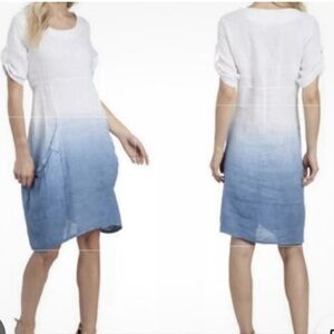 VASNA Medium Ombre 100% Linen Pockets Midi Dress Lagenlook Coastal